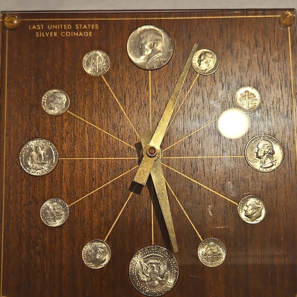Silver Coin Wall Clock - Brown & Gold. The mechanism works but the hands do not